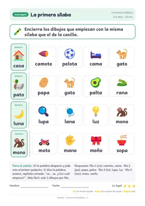 Hoja de ejemplo de Dislexia